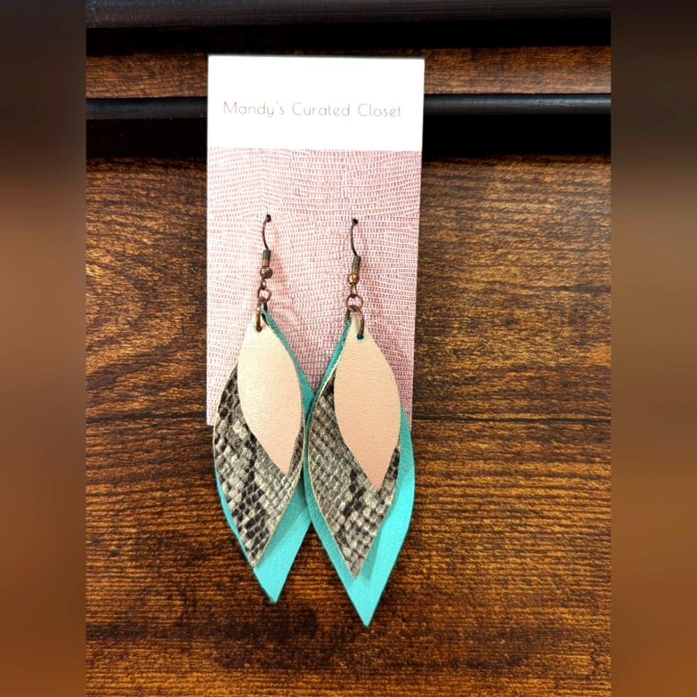 Handcrafted Teal/Snake/Beige Leaf Earrings